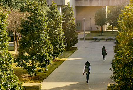Wide shot of the campus mall with people walking north.