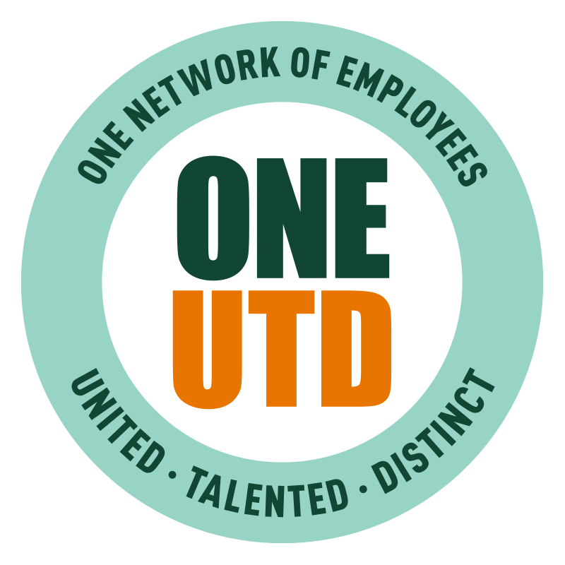 Logo which reads One UTD in the center, and One Network of Employees, United, Talented, Distinct, in an outer circle.